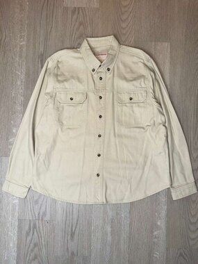 Lucky Brand Mens Work Shirt Med Tan Beige Heavy Cotton Twill Shacket Button Up